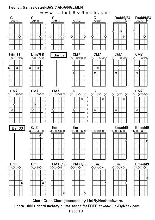 Chord Grids Chart of chord melody fingerstyle guitar song-Foolish Games-Jewel-BASIC ARRANGEMENT,generated by LickByNeck software.